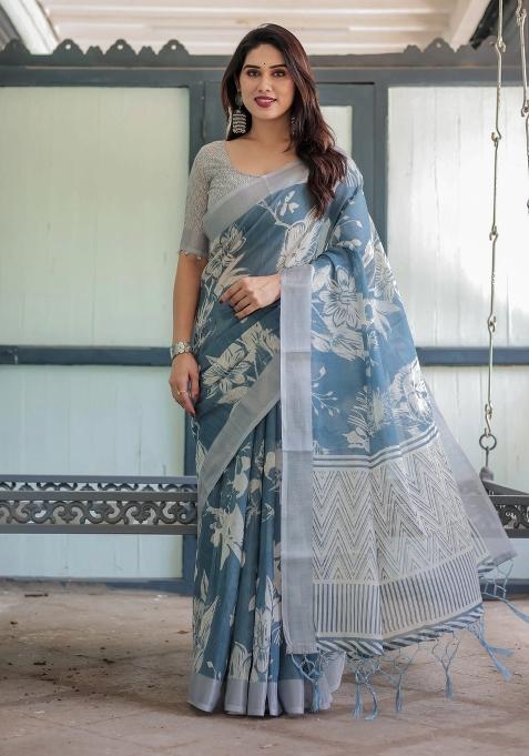 Blue Printed Cotton Linen Saree Set