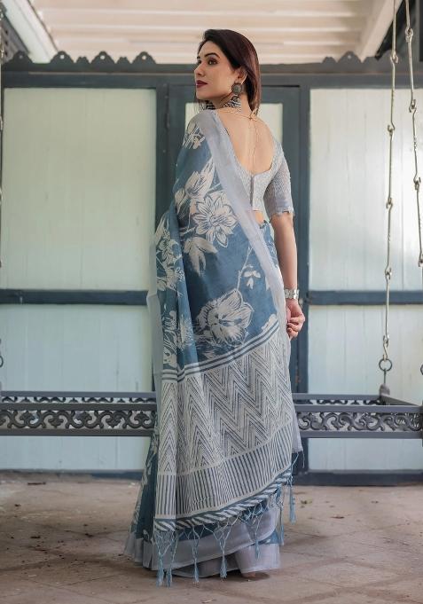 Blue Printed Cotton Linen Saree Set