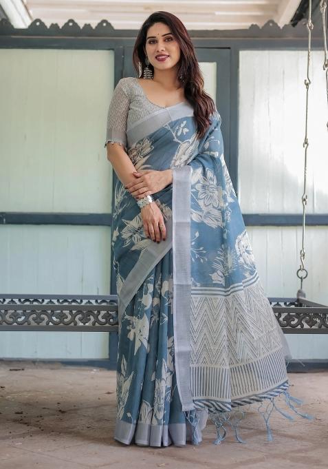 Blue Printed Cotton Linen Saree Set