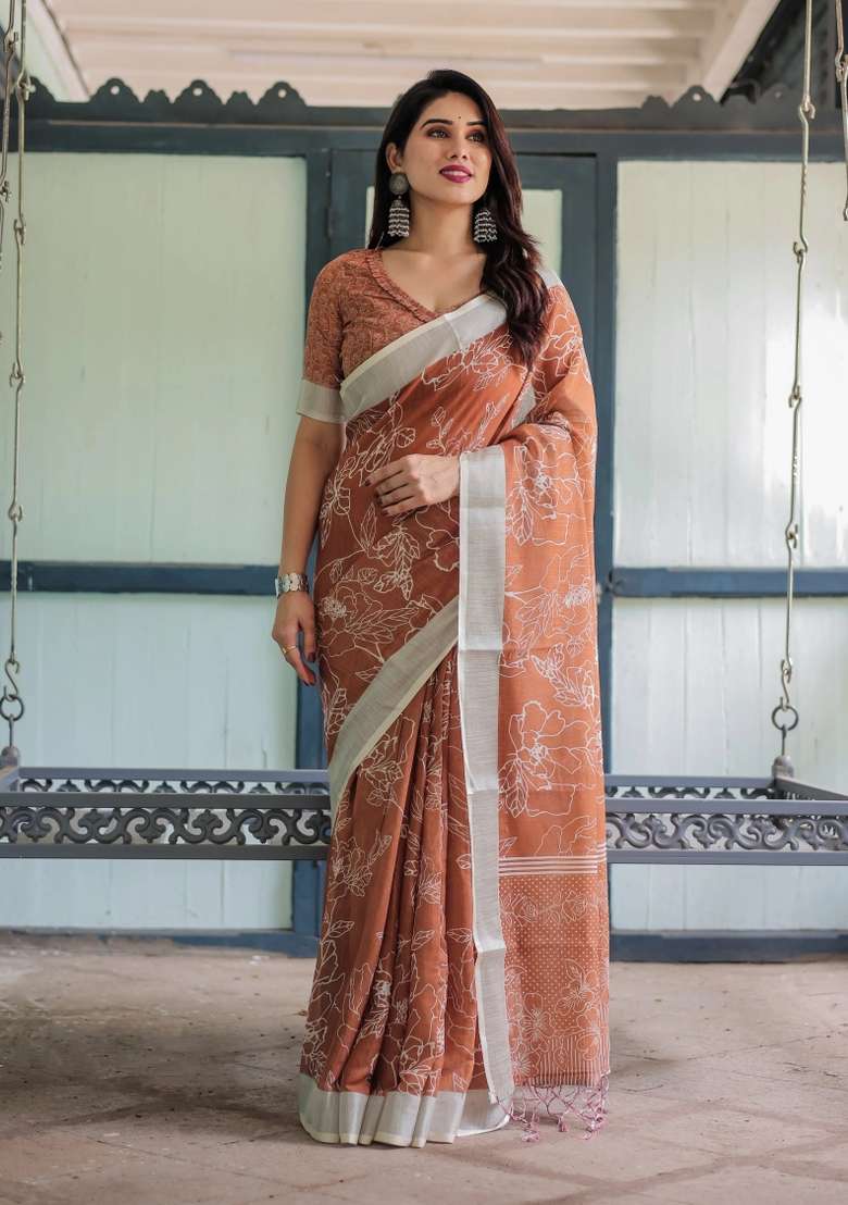 Brown Printed Cotton Linen Saree Set - Indya