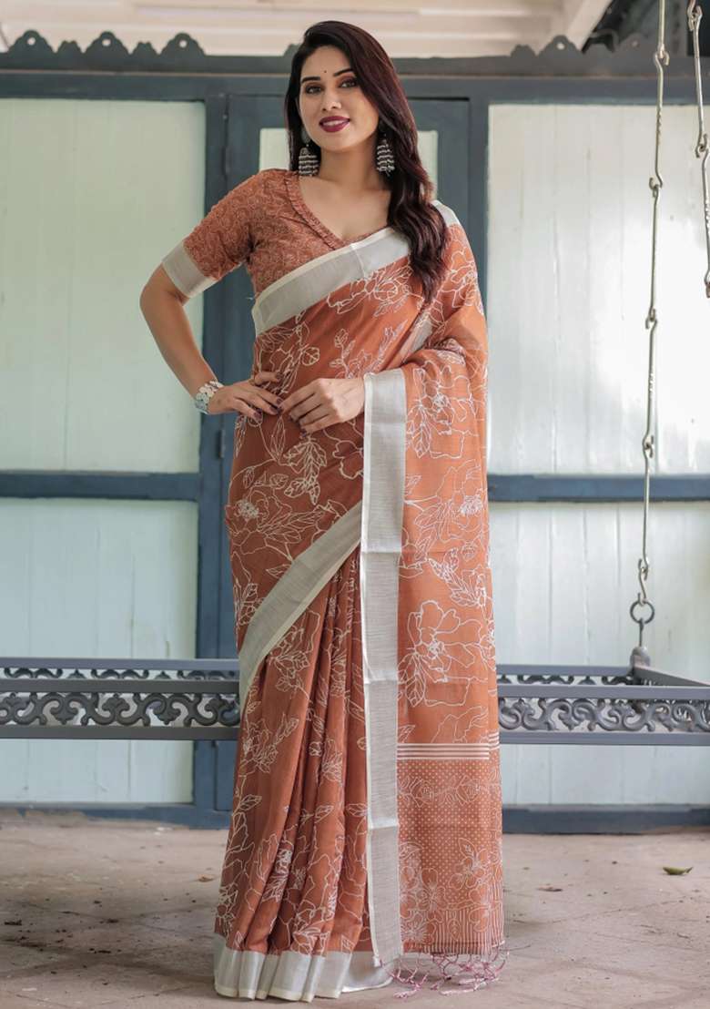 Brown Printed Cotton Linen Saree Set - Indya
