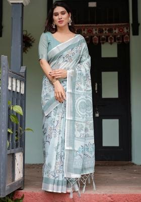 Green Printed Cotton Linen Saree Set