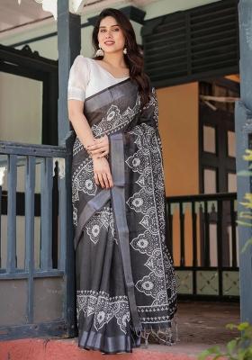 Black Printed Cotton Linen Saree Set