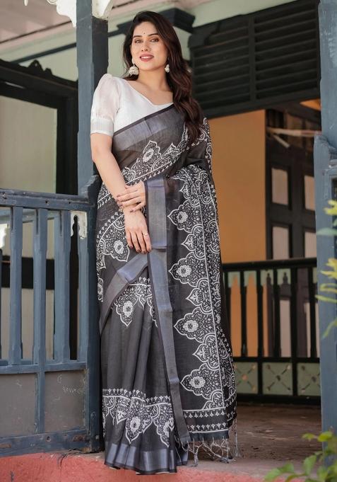 Black Printed Cotton Linen Saree Set
