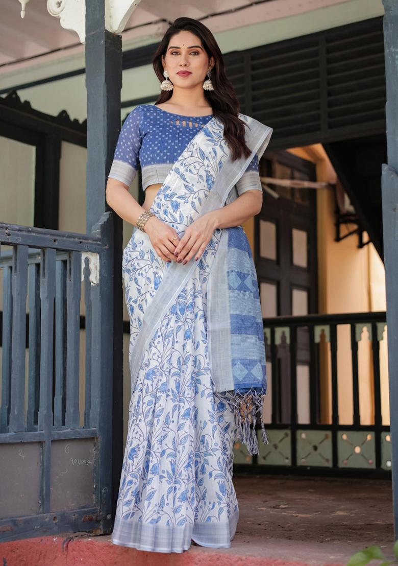 Blue Printed Cotton Linen Saree Set - Indya