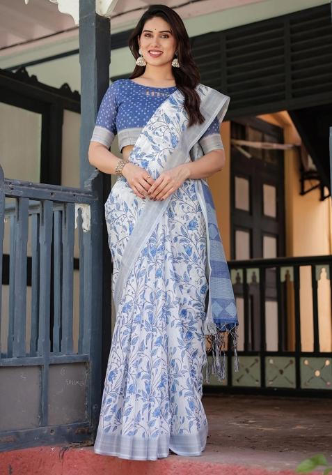 Blue Printed Cotton Linen Saree Set