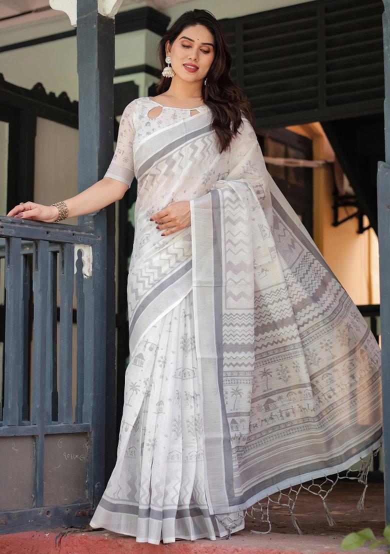 Multicolor Printed Cotton Linen Saree Set