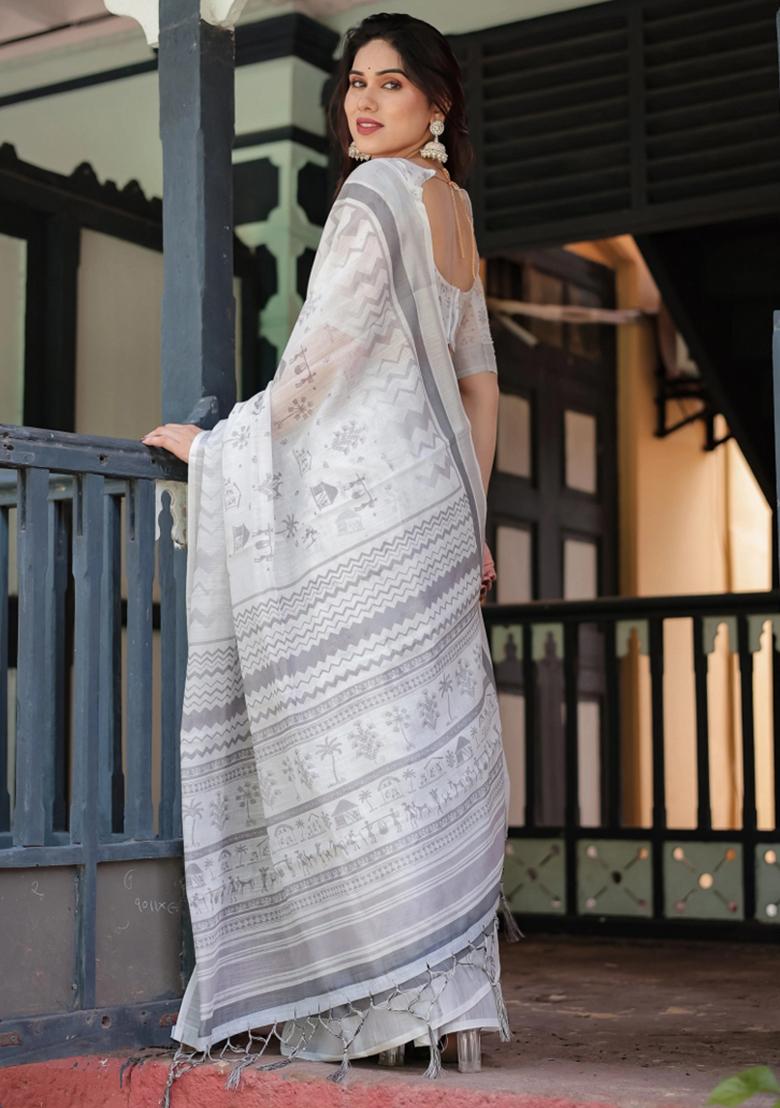 Multicolor Printed Cotton Linen Saree Set