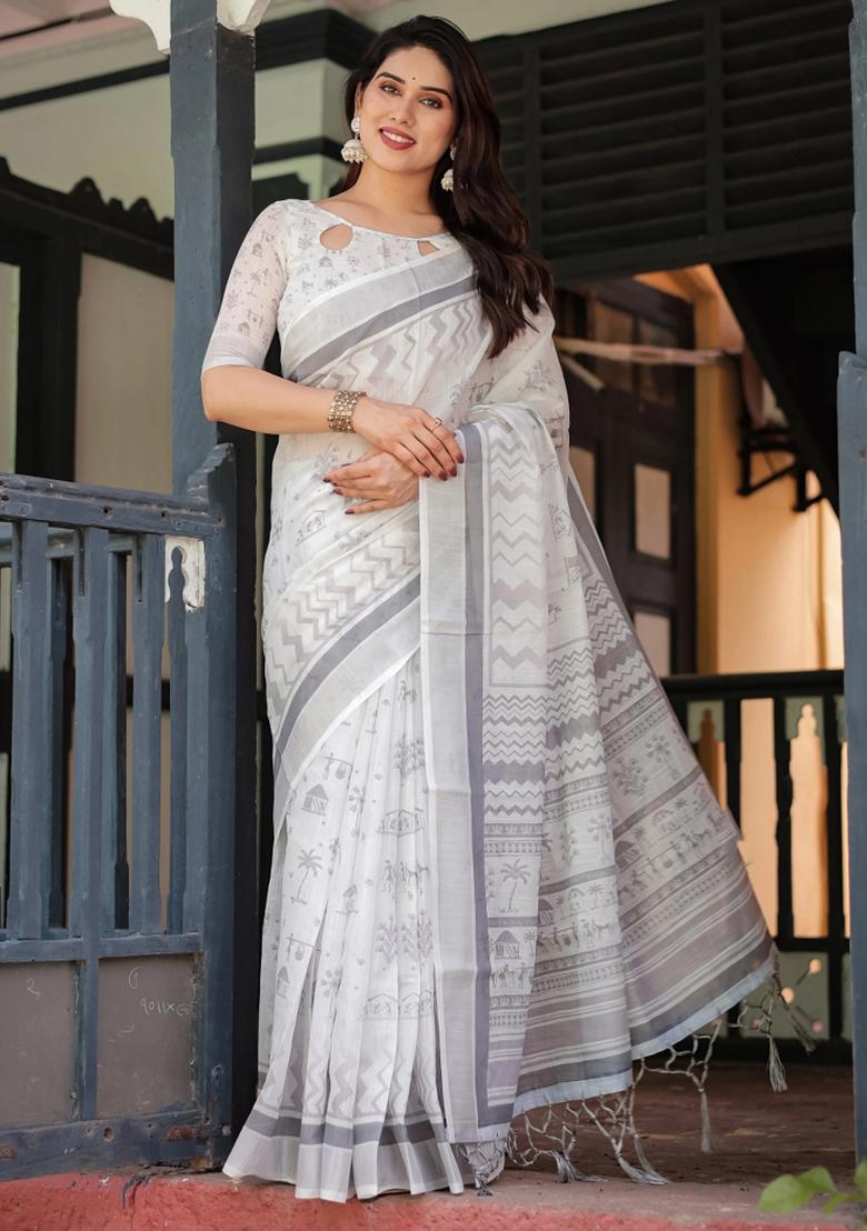 Multicolor Printed Cotton Linen Saree Set