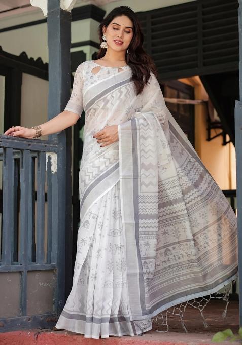 Multicolor Printed Cotton Linen Saree Set