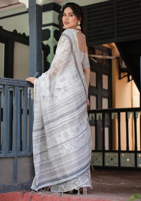 Multicolor Printed Cotton Linen Saree Set