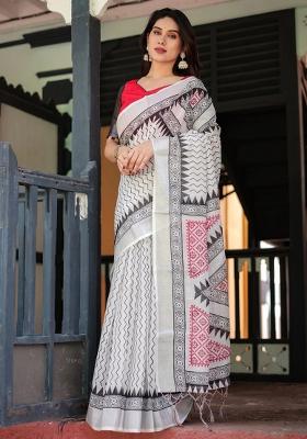 Black Printed Cotton Linen Saree Set