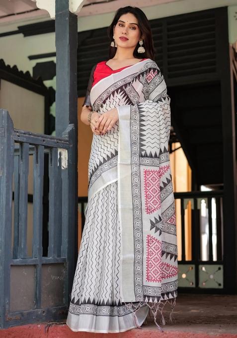 Black Printed Cotton Linen Saree Set
