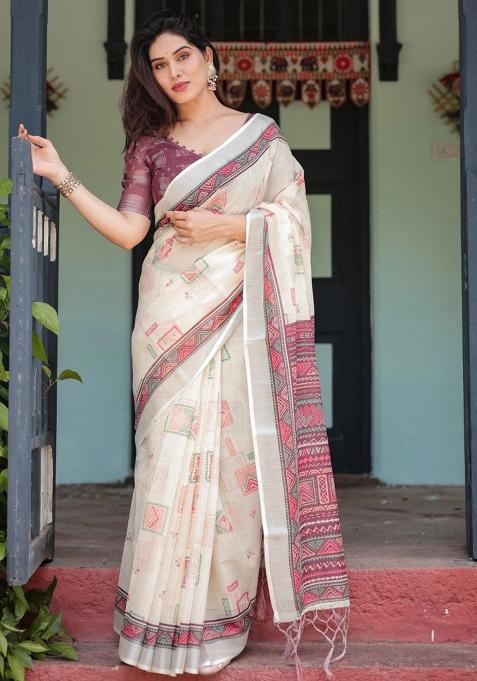 White Printed Cotton Linen Saree Set