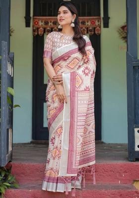 Cream Printed Cotton Linen Saree Set
