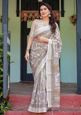 Cream Printed Cotton Linen Saree Set