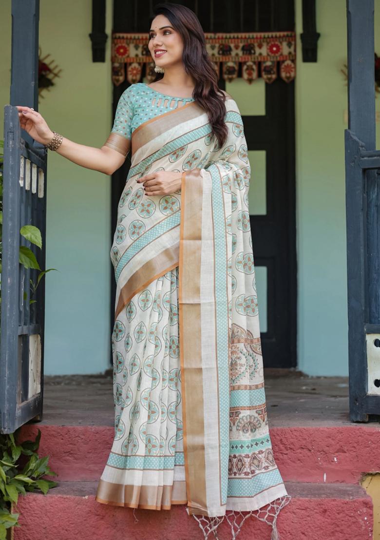 Beige Printed Cotton Linen Saree Set