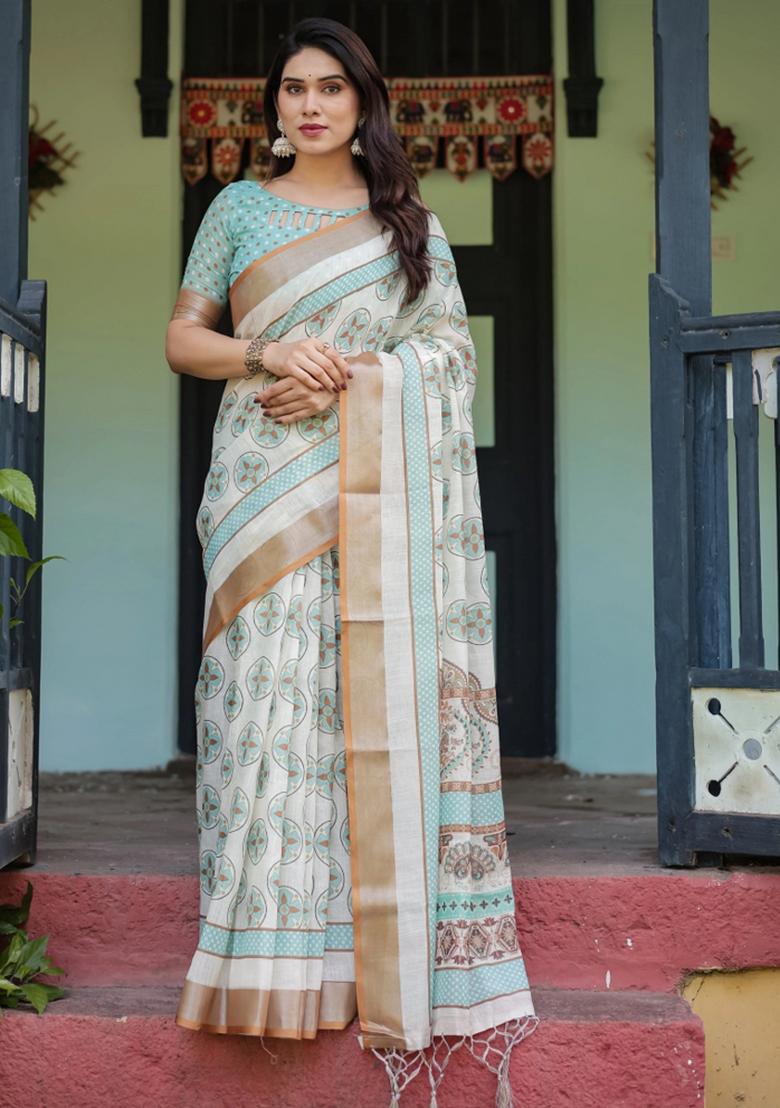 Beige Printed Cotton Linen Saree Set