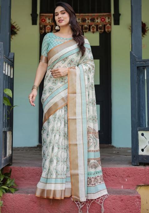Beige Printed Cotton Linen Saree Set