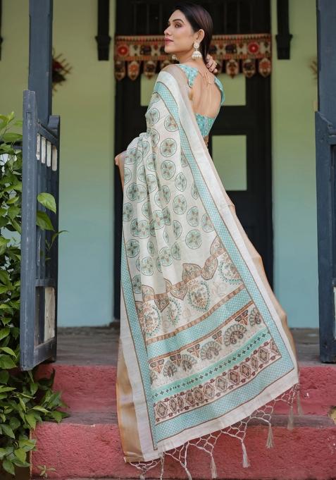 Beige Printed Cotton Linen Saree Set