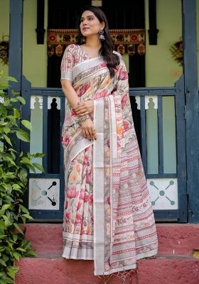 Multicolor Printed Cotton Linen Saree Set