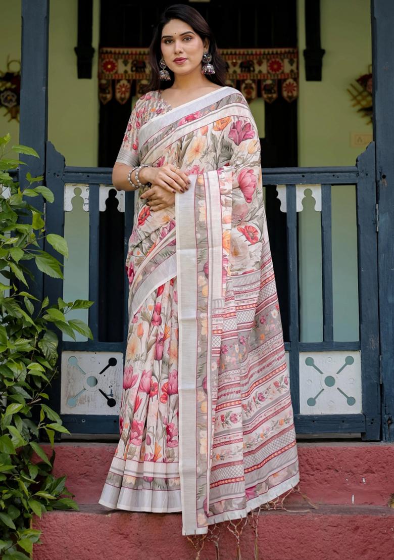 Multicolor Printed Cotton Linen Saree Set