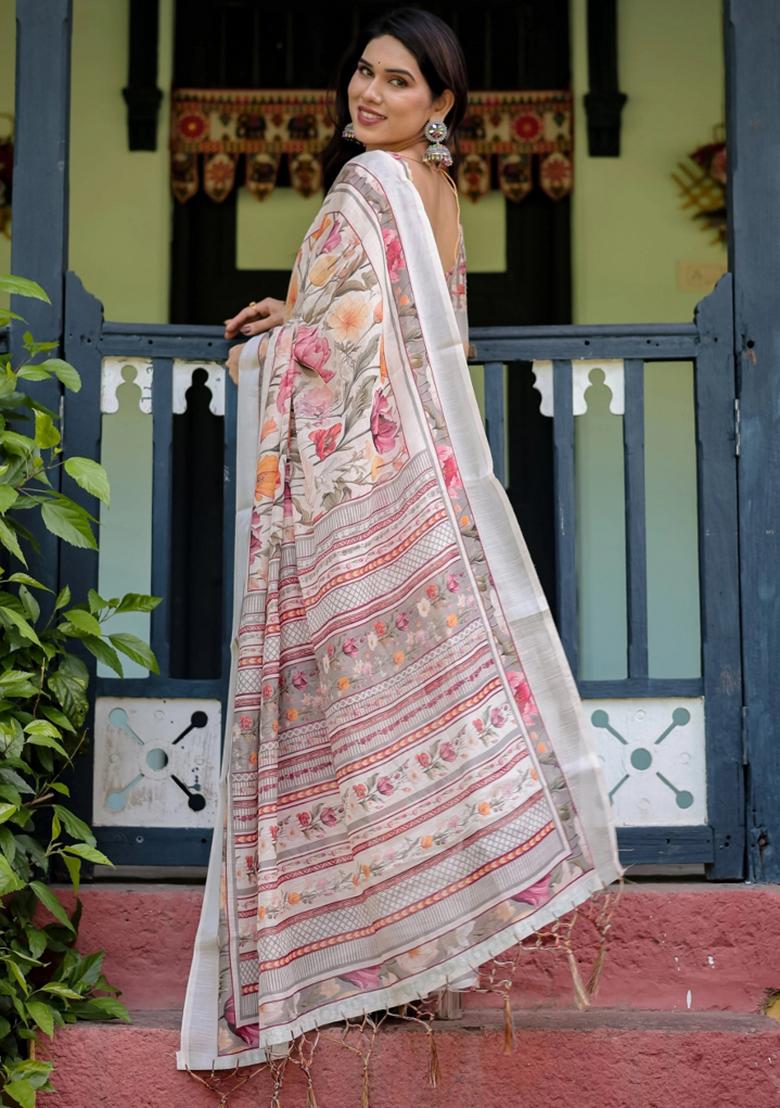 Multicolor Printed Cotton Linen Saree Set