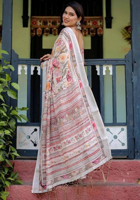 Multicolor Printed Cotton Linen Saree Set