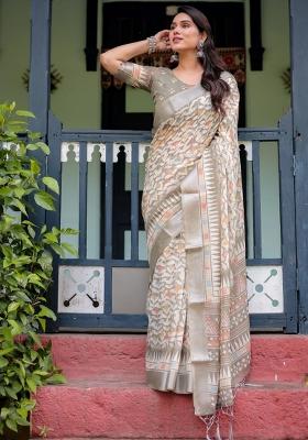 Beige Printed Cotton Linen Saree Set