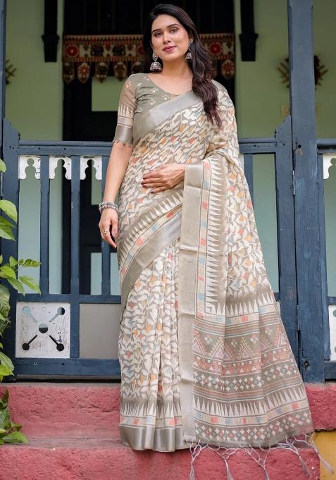 Beige Printed Cotton Linen Saree Set