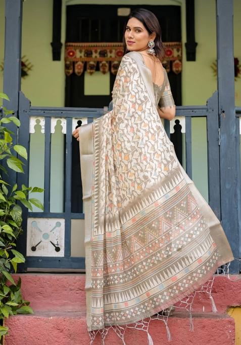 Beige Printed Cotton Linen Saree Set