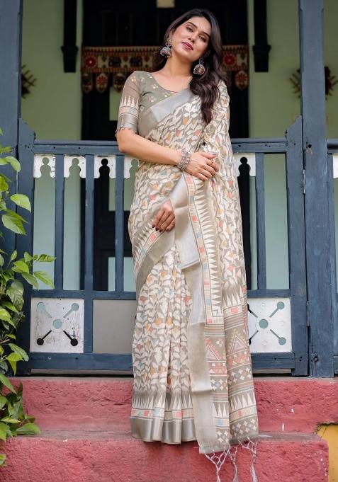 Beige Printed Cotton Linen Saree Set