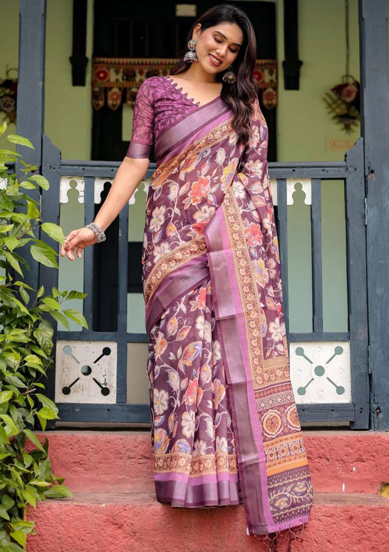 Purple Printed Cotton Linen Saree Set - Indya
