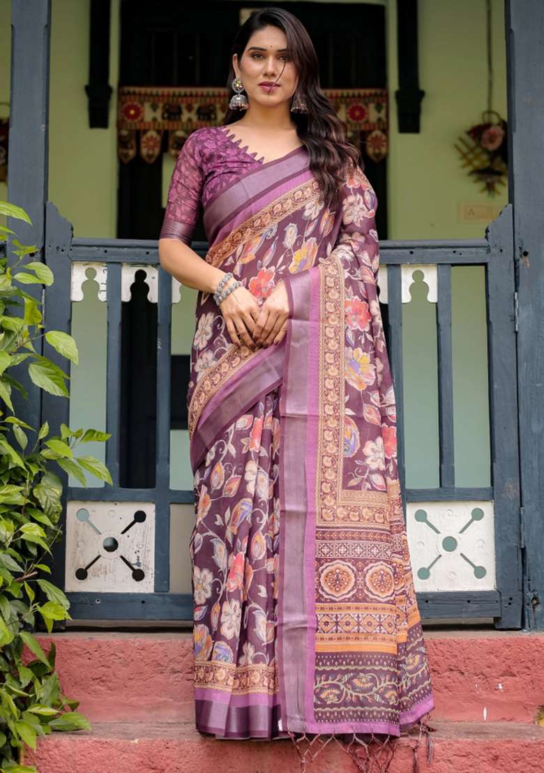 Purple Printed Cotton Linen Saree Set - Indya