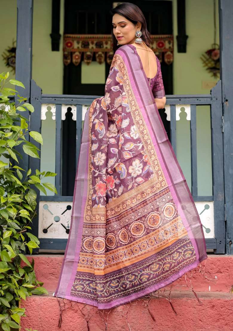 Purple Printed Cotton Linen Saree Set - Indya