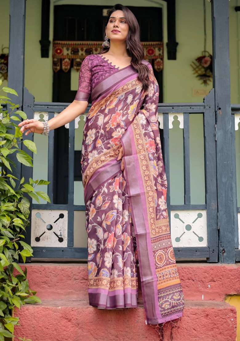 Purple Printed Cotton Linen Saree Set - Indya