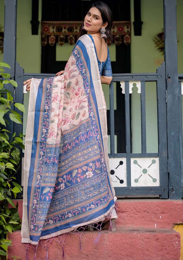 Blue Printed Cotton Linen Saree Set - Indya