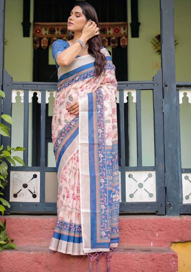 Blue Printed Cotton Linen Saree Set - Indya