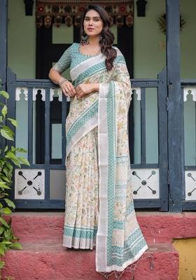 Multicolor Printed Cotton Linen Saree Set