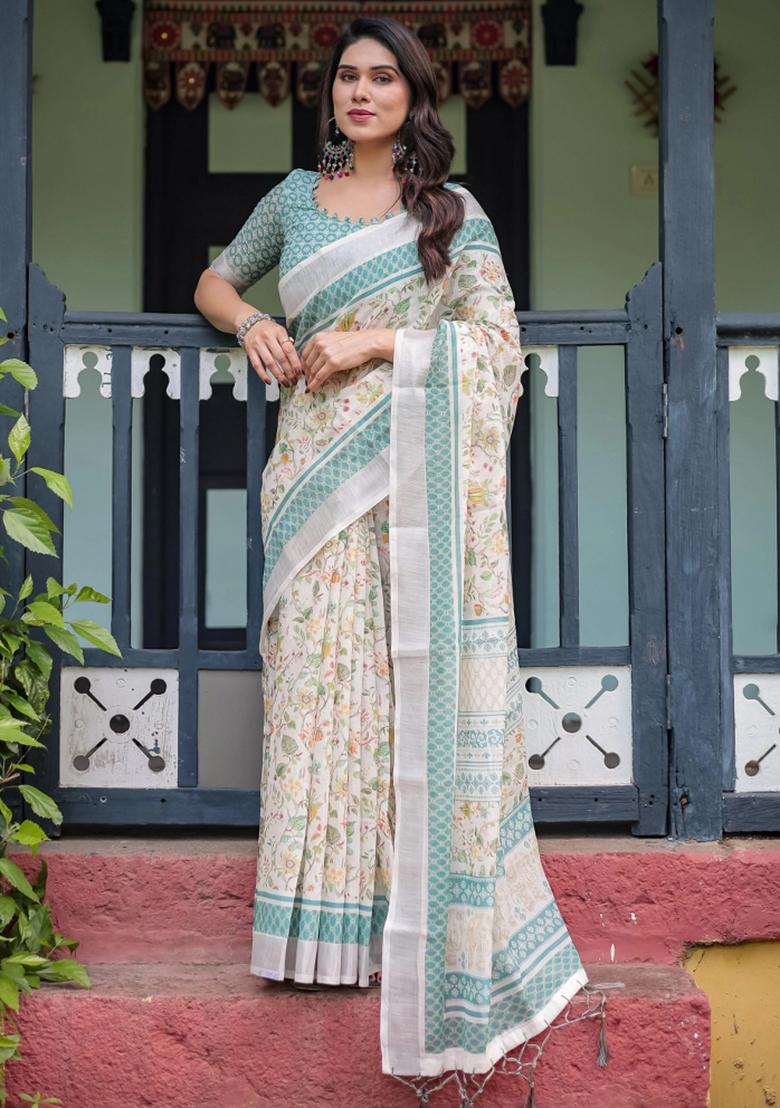 Multicolor Printed Cotton Linen Saree Set