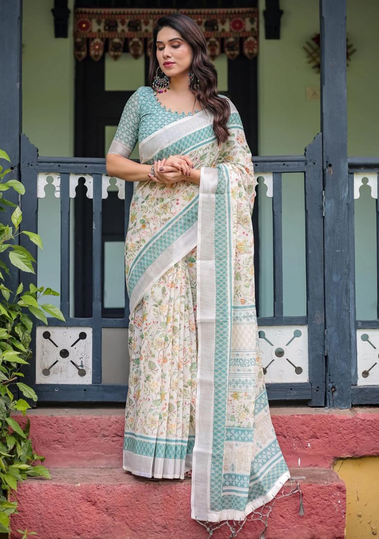 Multicolor Printed Cotton Linen Saree Set