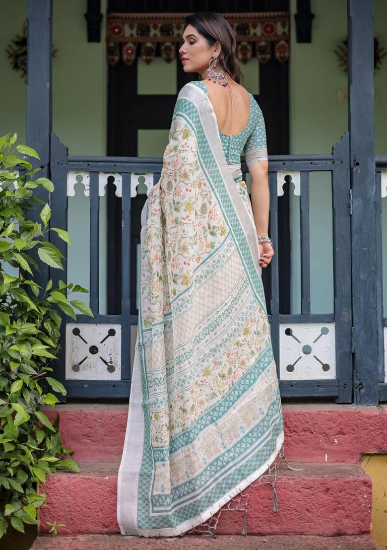 Multicolor Printed Cotton Linen Saree Set