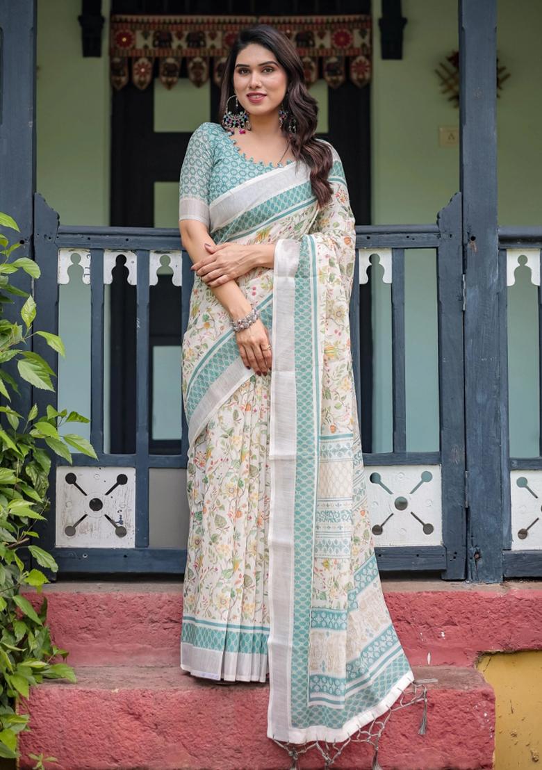 Multicolor Printed Cotton Linen Saree Set