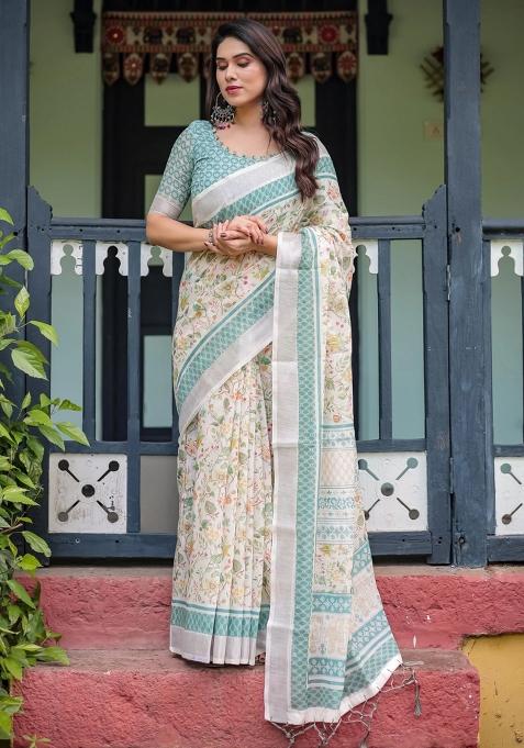 Multicolor Printed Cotton Linen Saree Set