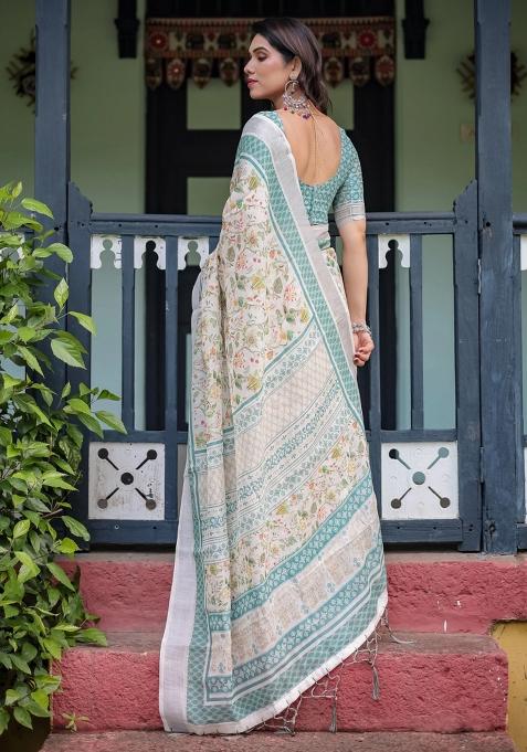 Multicolor Printed Cotton Linen Saree Set