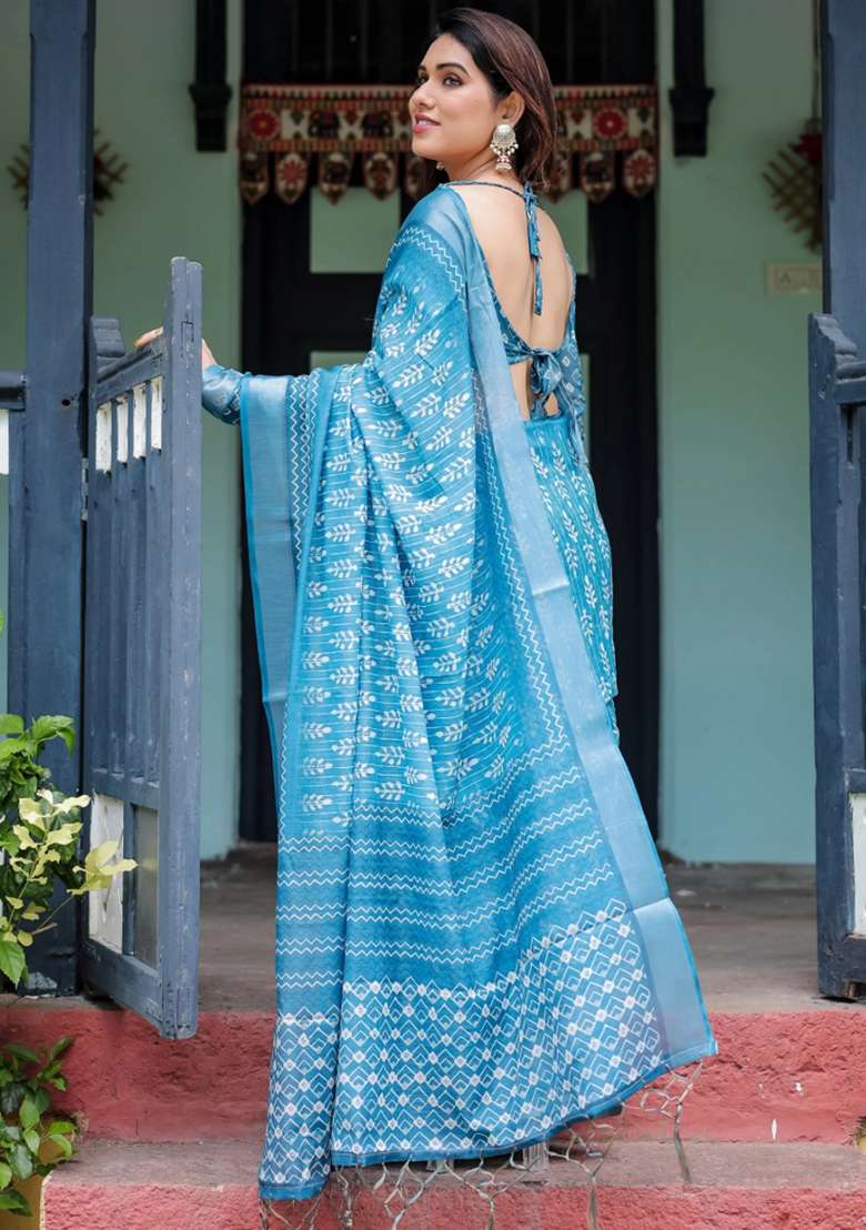 Turquoise Printed Cotton Linen Saree Set - Indya