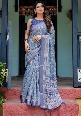 Blue Printed Cotton Linen Saree Set