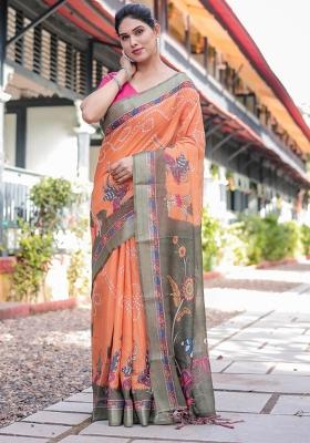 Orange Printed Cotton Linen Saree Set