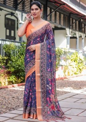 Blue Printed Cotton Linen Saree Set