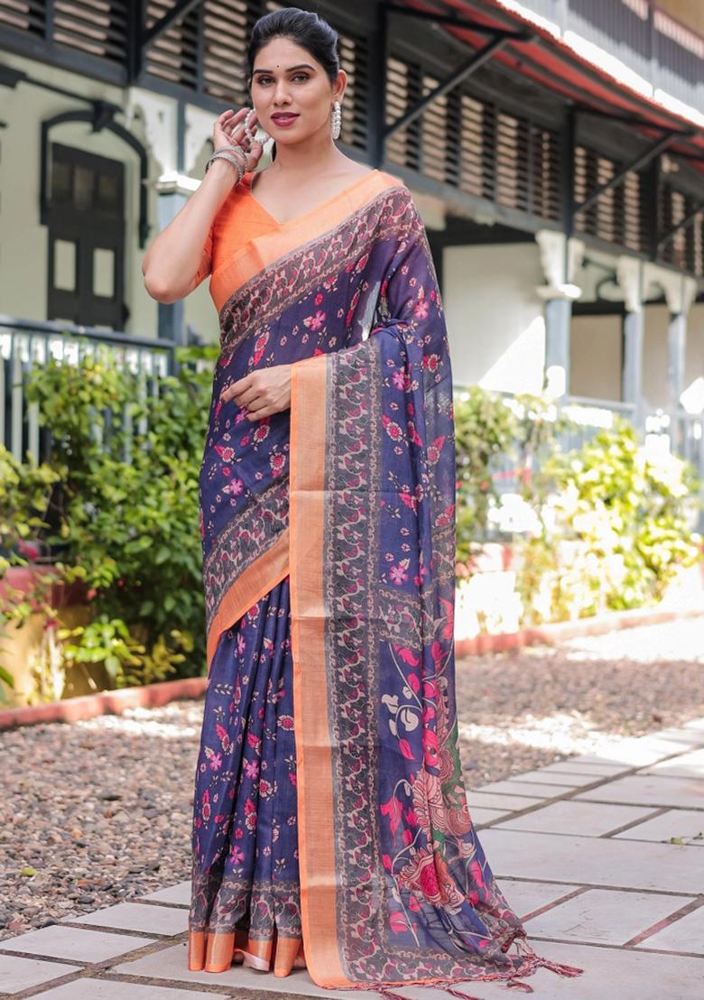 Blue Printed Cotton Linen Saree Set